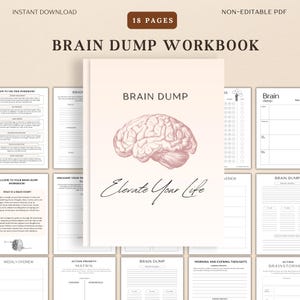 Könnte beinhalten: Ein 18-seitiges Brain-Dump-Arbeitsbuch in Rosa und Weiß. Das Cover zeigt eine stilisierte Illustration eines Gehirns mit dem Text "Brain Dump" und "Elevate Your Life".