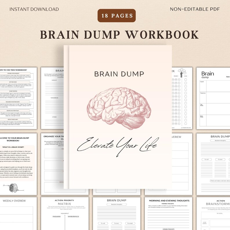 May include: A pink and white brain dump workbook with 18 pages. The cover features a stylized illustration of a brain with the text "Brain Dump" and "Elevate Your Life".