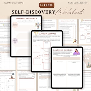 May include: Digital self-discovery worksheets with prompts on tablets. The worksheets include topics like dream building, gratitude, and facing fears. The title "Self-Discovery Worksheets" is displayed in a handwritten font.