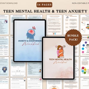 Puede incluir: Un paquete digital de cuadernos de trabajo para la salud mental y la ansiedad de los adolescentes. Los cuadernos de trabajo incluyen 54 páginas de contenido, con títulos como "Cuaderno de trabajo sobre ansiedad y pensamiento excesivo" y "Cuaderno de trabajo sobre salud mental adolescente".