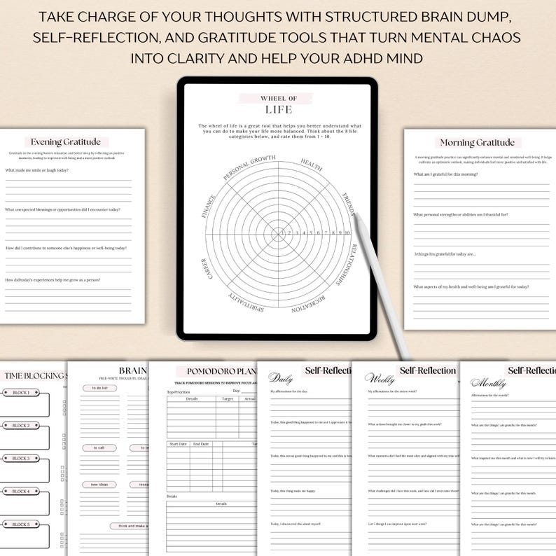 Puede incluir: Un planificador digital con plantillas para la autorreflexi&oacute;n, la gratitud y la gesti&oacute;n del tiempo. Incluye secciones para reflexiones diarias, semanales y mensuales, un diagrama de la "Rueda de la Vida" y un plan Pomodoro. El texto de la imagen dice "Take charge of your thoughts".