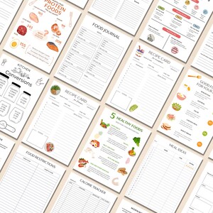 May include: Printable digital planner pages for meal planning and tracking. Includes pages for food journal, recipe cards, meal ideas, calorie tracker, kitchen conversions, food restrictions, and 5 healthy foods.