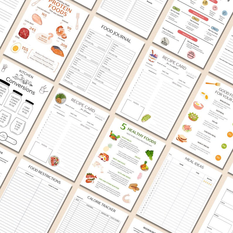 May include: Printable digital planner pages for meal planning and tracking. Includes pages for food journal, recipe cards, meal ideas, calorie tracker, kitchen conversions, food restrictions, and 5 healthy foods.
