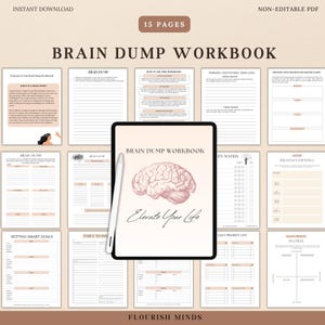Könnte beinhalten: Ein digitaler Planer mit einer rosa Gehirnabbildung und dem Text "Brain Dump Workbook" und "Elevate Your Life". Der Planer enthält Seiten zum Setzen von Smart Goals, täglichen To-Do-Listen, Brainstorming und mehr.