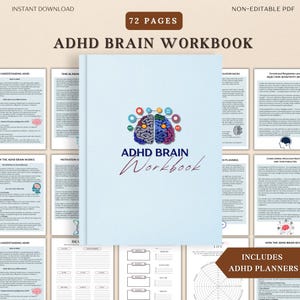 May include: A light blue ADHD Brain Workbook with 72 pages. The cover features a colorful brain graphic and the title "ADHD Brain Workbook" in a script font. The workbook includes ADHD planners and is an instant download.