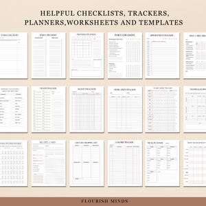 May include: A set of printable checklists, trackers, planners, worksheets, and templates. The printable pages are designed to help with tasks, daily routines, mood tracking, sleep tracking, medication tracking, meal planning, and more.