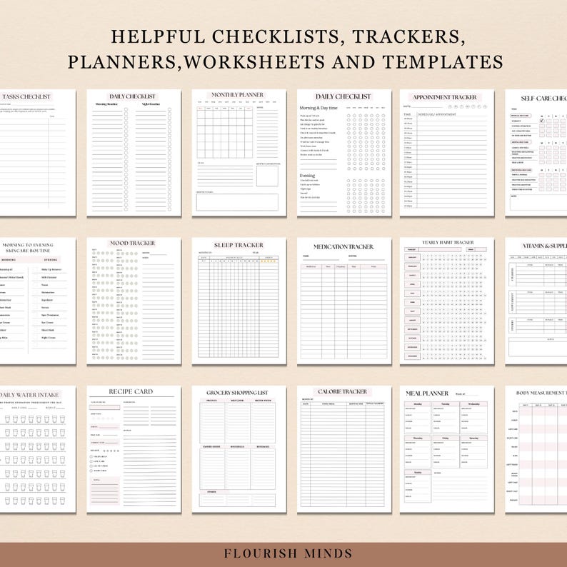 May include: A set of printable checklists, trackers, planners, worksheets, and templates. The printable pages are designed to help with tasks, daily routines, mood tracking, sleep tracking, medication tracking, meal planning, and more.