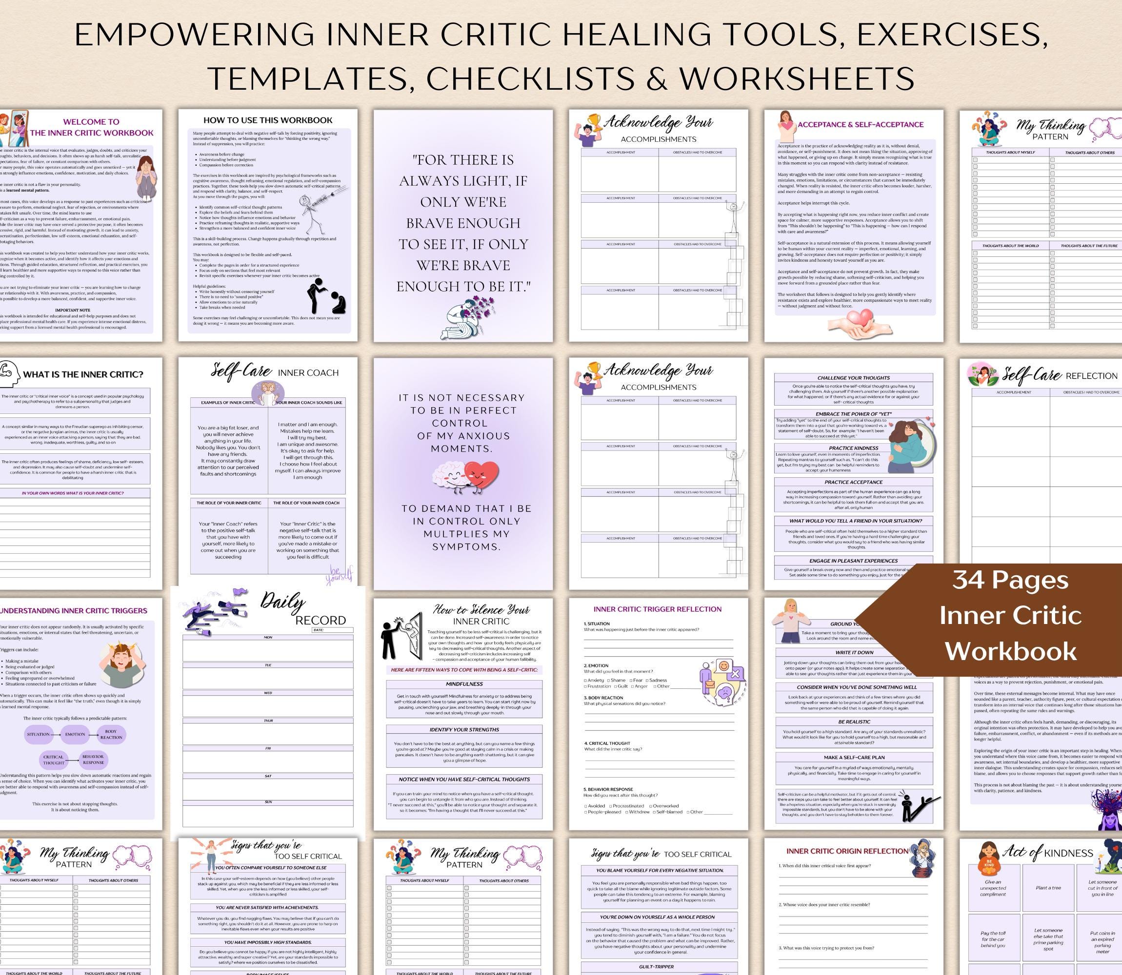 Inner Critic & Self Esteem Workbook Bundle, CBT Therapy Tools, Boundary ...