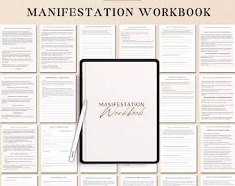 May include: A digital planner with a brown and white cover that says "Manifestation Workbook" on it. The planner is open to a page with the title "Daily Gratitude". The planner is surrounded by other pages with titles like "Create Your Own Affirmations", "Manifesting Success in Career", and "Manifesting Your Dream Job".
