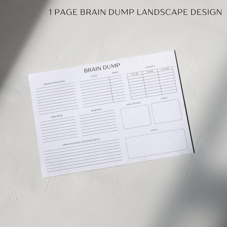 May include: A black and white printable brain dump planner with sections for random thoughts, new ideas, to do, when, research, meal options, to buy, contact, and notes.