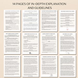 May include: A digital workbook with 14 pages of in-depth explanations and guidelines for improving self-esteem. The workbook includes sections on understanding self-esteem, factors that influence self-esteem, the dynamic nature of self-esteem, what shapes our self-esteem, understanding negative self-talk, journal prompts for inner critic, the power of self-worth, the science behind positive self-talk, the psychology of self-doubt, a confidence-boosting challenge, and the importance of boundaries.