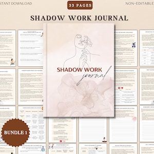 May include: A digital download bundle featuring a "Shadow Work Journal" with 33 pages. The journal cover has an illustration of a woman with a flower. The bundle includes various worksheets and prompts for self-reflection and personal growth. The text "Instant Download" and "Non-Editable PDF" are also visible.