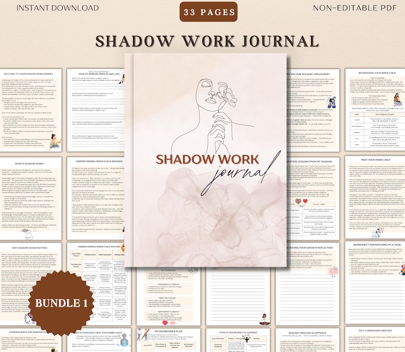 May include: A digital download bundle featuring a "Shadow Work Journal" with 33 pages. The journal cover has an illustration of a woman with a flower. The bundle includes various worksheets and prompts for self-reflection and personal growth. The text "Instant Download" and "Non-Editable PDF" are also visible.