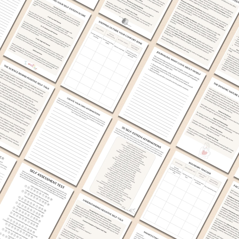 May include: A set of printable worksheets for self-esteem building. The worksheets include prompts for journaling, affirmations, and self-assessment. The worksheets are designed to help people improve their self-esteem and confidence.