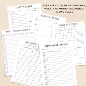 Puede incluir: Una colecci&oacute;n de planificadores de papel blanco con detalles en rosa. Los planificadores incluyen un planificador diario, semanal, un libro de citas semanal, un rastreador de plazos, un planificador mensual y un rastreador de citas. El texto en la imagen dice: "Mantenga cada detalle de su d&iacute;a, semana y mes organizado en un solo lugar."