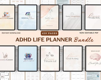 Puede incluir: Una colección de planificadores digitales mostrados en tabletas. El paquete incluye planificadores para ordenar, médicos, autocuidado, gestión del hogar y productividad. El texto "ADHD LIFE PLANNER Bundle" se muestra de forma destacada, junto con "Descarga instantánea".