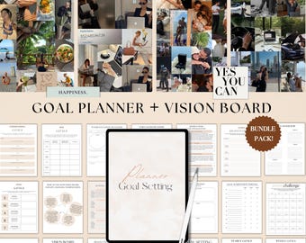 May include: A digital goal planner and vision board bundle. The image features a tablet with the words "Planner Goal Setting" and several pages with goal-setting templates. The words "Goal Planner + Vision Board" are also visible.