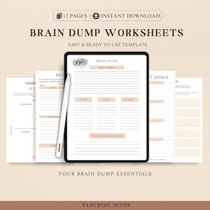 Könnte beinhalten: Ein digitaler Planer mit einem Brain-Dump-Arbeitsblatt, Aktionsmanagement und Zielsetzungsseiten. Das Arbeitsblatt enthält Abschnitte für zufällige Gedanken, To-Do-Listen und einen Abschnitt, um nachzudenken und eine Entscheidung zu treffen. Der Planer trägt den Titel "Brain Dump Worksheets" und "Your Brain Dump Essentials".