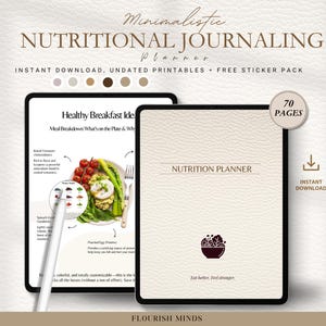 May include: A digital nutritional journaling planner with a cream-colored cover and the words "Nutrition Planner." The planner includes 70 pages and is available for instant download. The image also shows a healthy breakfast idea.