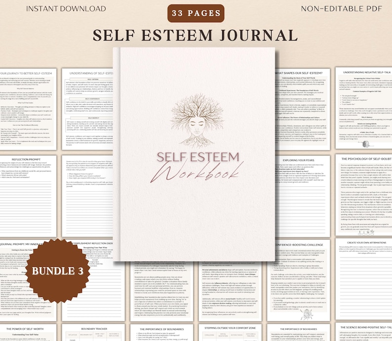 May include: A self-esteem workbook with the title "Self Esteem Workbook" in a cursive font, featuring a woman's face with tree-like hair. The image includes pages with text and the words "Instant Download", "33 Pages", and "Bundle 3".