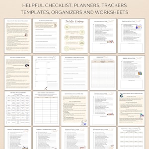 Op de afbeelding: Een verzameling afdrukbare checklists, planners, trackers, sjablonen, organizers en werkbladen voor het opruimen. De pagina's bevatten titels als "Declutter Roadmap", "Kitchen Declutter", "Digital Declutter" en "30-Day Decluttering Challenge".