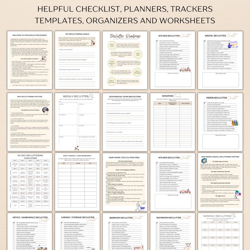 Op de afbeelding: Een verzameling afdrukbare checklists, planners, trackers, sjablonen, organizers en werkbladen voor het opruimen. De pagina's bevatten titels als "Declutter Roadmap", "Kitchen Declutter", "Digital Declutter" en "30-Day Decluttering Challenge".