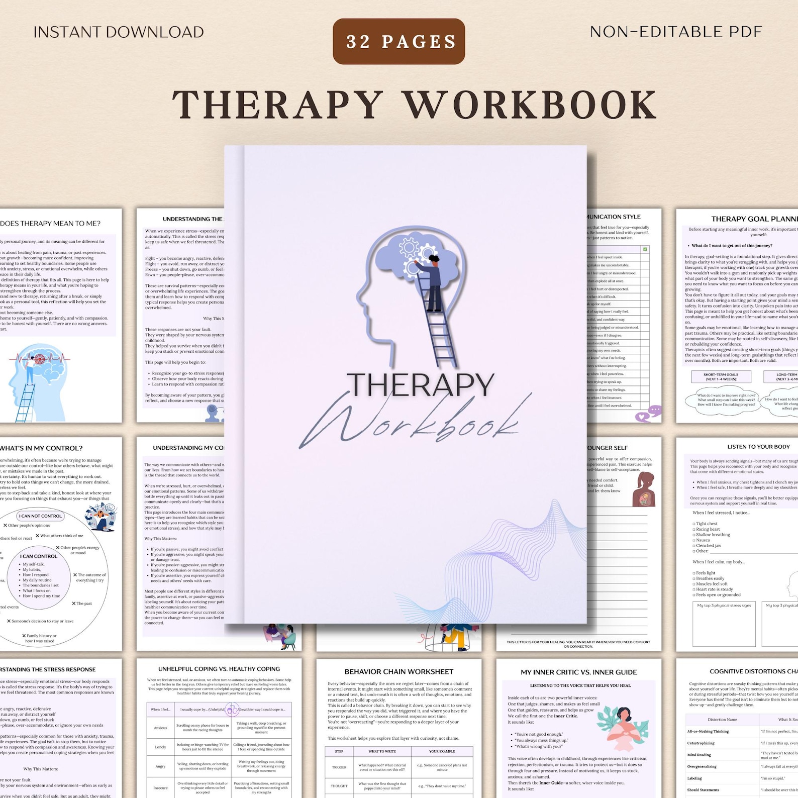 Therapy Workbook Printable, Mental Health Journal for Anxiety and ...