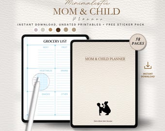 Puede incluir: Un planificador digital para Mamá y Niño con una cubierta beige claro y una silueta negra de madre e hijo. El planificador incluye una lista de compras y está disponible para descarga instantánea. El texto en la portada dice "MOM & CHILD PLANNER".