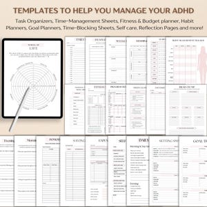 Puede incluir: Una colecci&oacute;n de plantillas imprimibles para la gesti&oacute;n del TDAH, que incluyen organizadores de tareas, hojas de gesti&oacute;n del tiempo y planificadores de objetivos. Las plantillas est&aacute;n en una variedad de formatos, con una combinaci&oacute;n de colores neutros y el texto "TEMPLATES TO HELP YOU MANAGE YOUR ADHD".