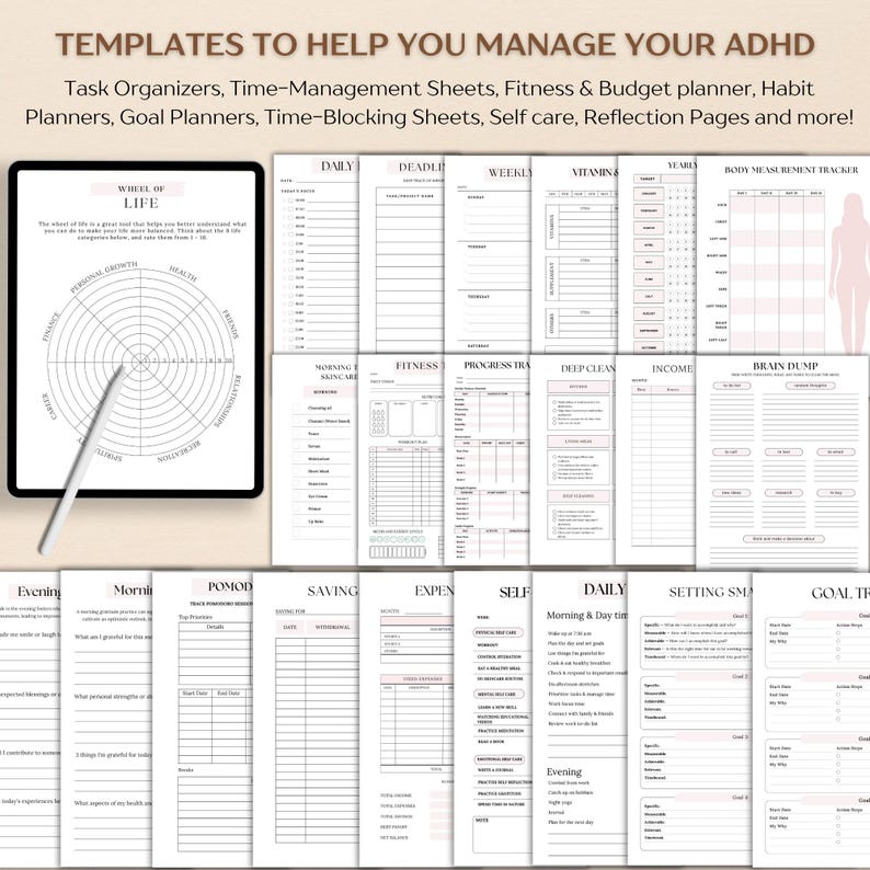 Puede incluir: Una colecci&oacute;n de plantillas imprimibles para la gesti&oacute;n del TDAH, que incluyen organizadores de tareas, hojas de gesti&oacute;n del tiempo y planificadores de objetivos. Las plantillas est&aacute;n en una variedad de formatos, con una combinaci&oacute;n de colores neutros y el texto "TEMPLATES TO HELP YOU MANAGE YOUR ADHD".