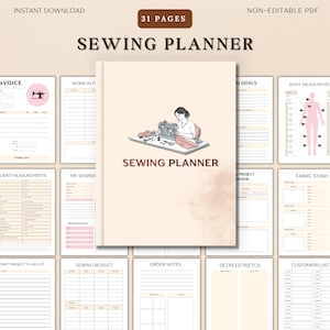 May include: A sewing planner with a soft beige cover featuring an illustration of a person sewing. The planner includes pages for invoices, measurements, goals, and project details. The text "SEWING PLANNER" is displayed prominently.