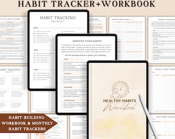 Cahier d'exercices suivi des habitudes, paysage mensuel des habitudes, suivi des habitudes quotidien et hebdomadaire, planificateur d'objectifs et suivi des routines, feuille de travail des habitudes atomiques