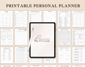May include: A printable personal planner with 50 pages, featuring a variety of templates for daily planning, appointments, finances, goal setting, and more. The planner is designed to help you stay organized and on track with your goals.