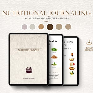 May include: A digital nutrition planner with a beige cover, featuring the text "NUTRITION PLANNER" and a bowl icon. The planner includes pages with food lists and snack ideas. The words "NUTRITIONAL JOURNALING" are at the top.