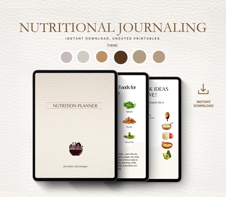 May include: A digital nutrition planner with a beige cover, featuring the text "NUTRITION PLANNER" and a bowl icon. The planner includes pages with food lists and snack ideas. The words "NUTRITIONAL JOURNALING" are at the top.