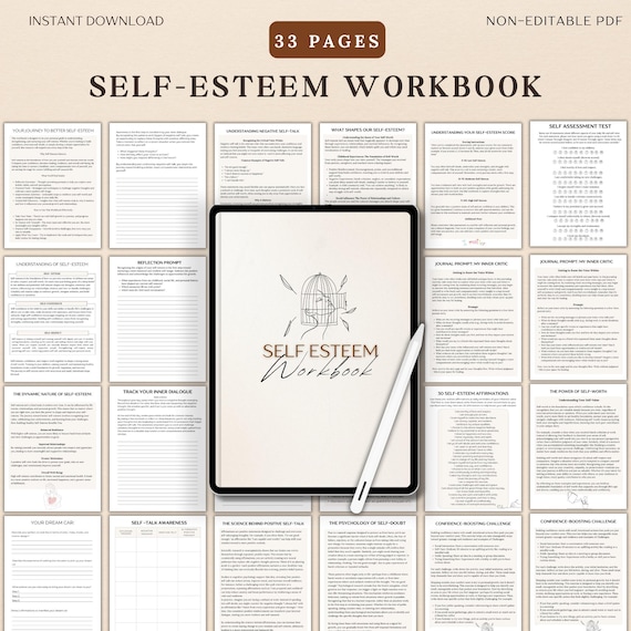 Printable Self Esteem Workbook for Self Confidence Building, Self Love Therapy Tools, Boundary Setting, CBT Worksheets for Mental Health PDF
