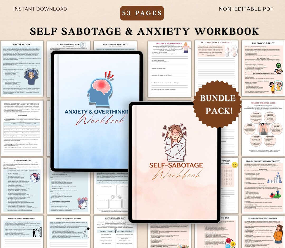 Self Sabotage & Anxiety Workbook Bundle, Overthinking Worksheets, CBT ...