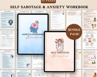 Self Sabotage & Anxiety Workbook Bundle, Overthinking Worksheets, CBT Therapy Tools, Inner Critic, Emotional Regulation, Therapy Worksheets