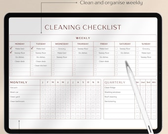 May include: A printable cleaning checklist with sections for weekly, monthly, and quarterly tasks. The checklist includes tasks such as making the bed, sweeping the floor, doing the dishes, cleaning the desk, and vacuuming.