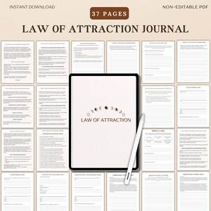 May include: A digital journal with 37 pages for practicing the Law of Attraction. The journal features a variety of prompts and exercises to help you manifest your desires. The cover of the journal features a white background with the text "LAW OF ATTRACTION" in brown text.