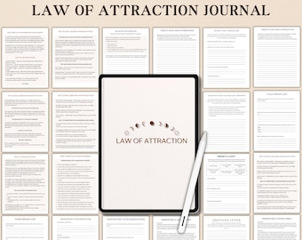 May include: A digital journal with 37 pages for practicing the Law of Attraction. The journal features a variety of prompts and exercises to help you manifest your desires. The cover of the journal features a white background with the text "LAW OF ATTRACTION" in brown text.