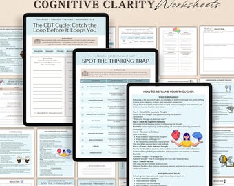 Cognitive Clarity Worksheets, CBT Worksheets, Unhelpful Thinking Patterns, Cognitive Distortion,Cognitive Restructuring, Thought Processing