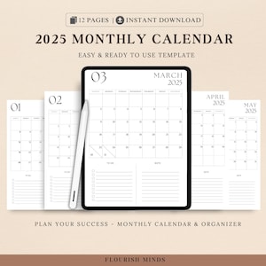 Calendario mensual 2025 para imprimir y rellenar, plantilla de calendario anual, calendario de pared minimalista, calendario de escritorio, tamaño A4/carta, descarga instantánea en PDF