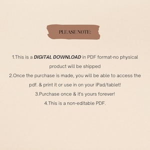 Puede incluir: Anuncio de descarga digital en formato PDF. El texto de la imagen dice "PLEASE NOTE:" seguido de detalles sobre el producto digital, incluyendo que es una descarga PDF y no es editable.
