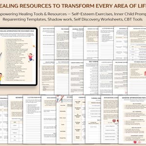 May include: A collection of printable self-help worksheets and guides for personal growth. The image includes a tablet displaying affirmations for inner child healing, and various other pages for self-esteem, shadow work, and CBT tools.