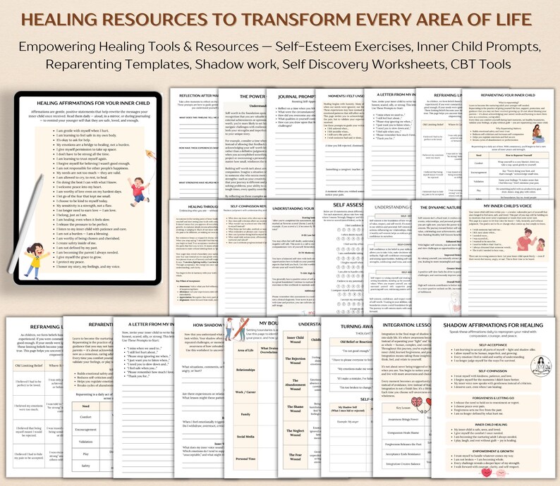 May include: A collection of printable self-help worksheets and guides for personal growth. The image includes a tablet displaying affirmations for inner child healing, and various other pages for self-esteem, shadow work, and CBT tools.