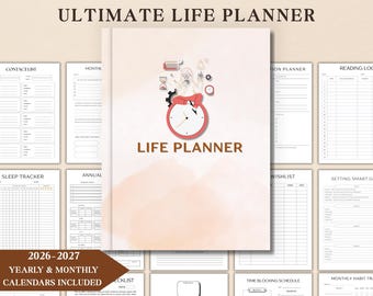 May include: A digital life planner with the title "ULTIMATE LIFE PLANNER" and the text "LIFE PLANNER" on the cover. The planner includes yearly and monthly calendars for 2026-2027, with 82 pages. The cover features a clock design and other icons.