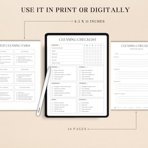 Peut inclure: Une liste de contr&ocirc;le de nettoyage imprimable avec un design noir et blanc. La liste de contr&ocirc;le comprend des t&acirc;ches de nettoyage quotidiennes, hebdomadaires et mensuelles pour diff&eacute;rentes zones de la maison, telles que la cuisine, la salle de bain, les espaces de vie, les chambres et les espaces ext&eacute;rieurs. La liste de contr&ocirc;le mesure 21,6 x 27,9 cm.