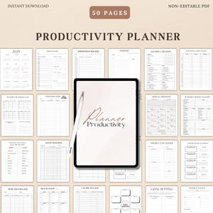 May include: A black and white productivity planner with 50 pages. The planner includes pages for daily plans, appointments, to-do lists, cleaning checklists, money running logs, steps trackers, sleep trackers, medication trackers, meal planners, calorie trackers, annual finances, weekly budget planners, project planners, time blocking schedules, goal setting, and weekly goals.