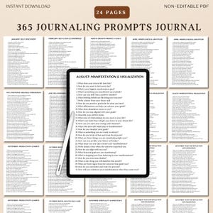 Pacote para impressão de 365 prompts de diário diário para autocuidado, saúde mental, crescimento pessoal, autodescoberta, atenção plena, prompts de diário de TCC